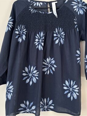 grand & greene Navy Textured Smocked Top with Subtle Floral Trim